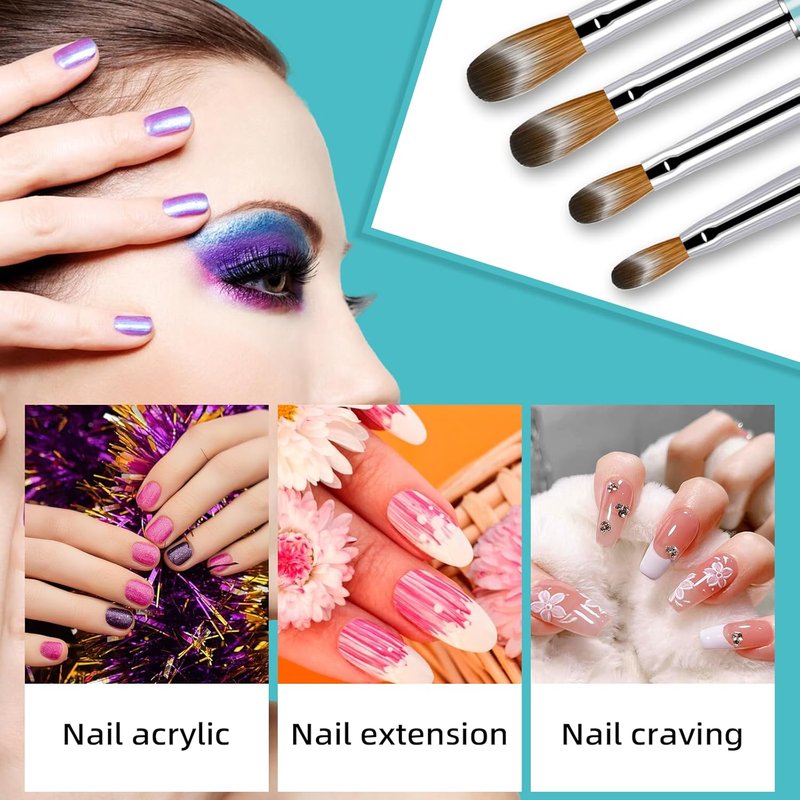 MAGIC ARMOR Acrylic Nail Brush Set - 4pc Kolinsky Nail Art Brushes for Acrylic Powder Application, Extension & Carving