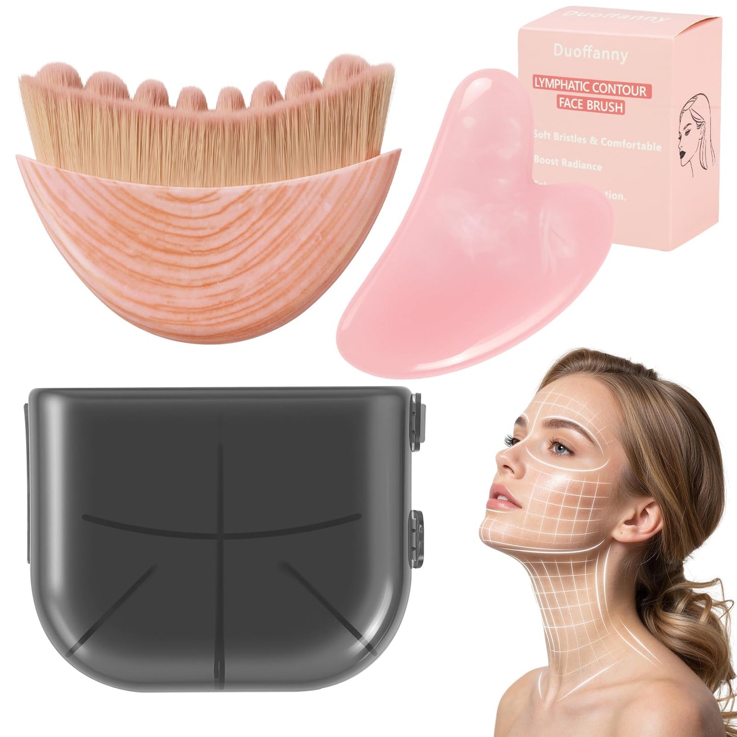 Lymphatic Contour Face Brush and Gua Sha Set, 2-in-1 Manual Facial Brushes for Lymphatic Drainage - Anti-Puffiness, Detox Sculpting Guasha Brush to Improve Skin Glow & Absorption