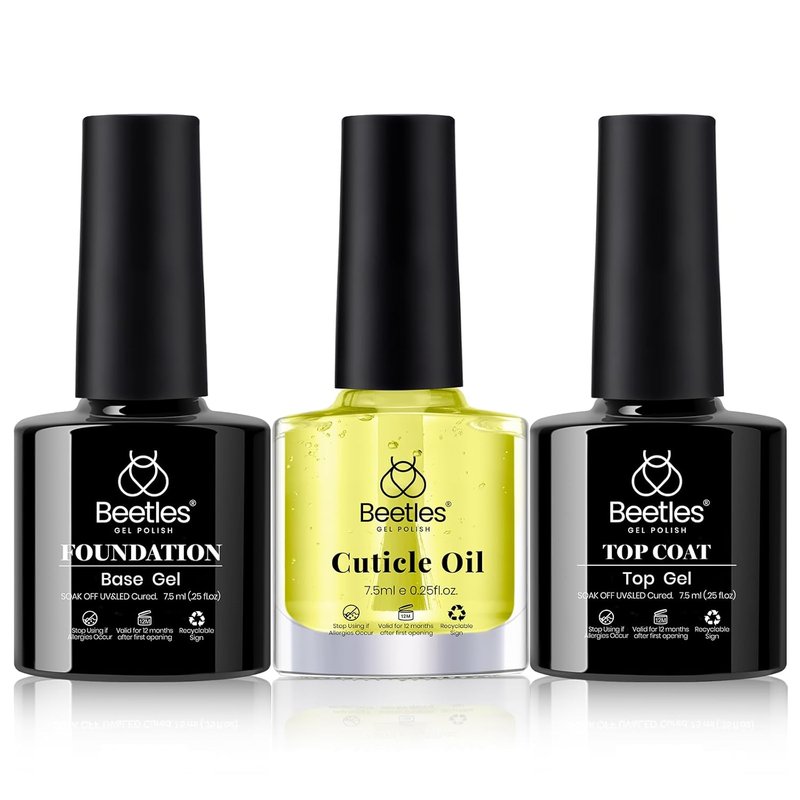 Beetles Gel Base and Top Coat Set - No Wipe Glossy Shine & Cuticle Oil for Stronger Nails | 3 Pieces