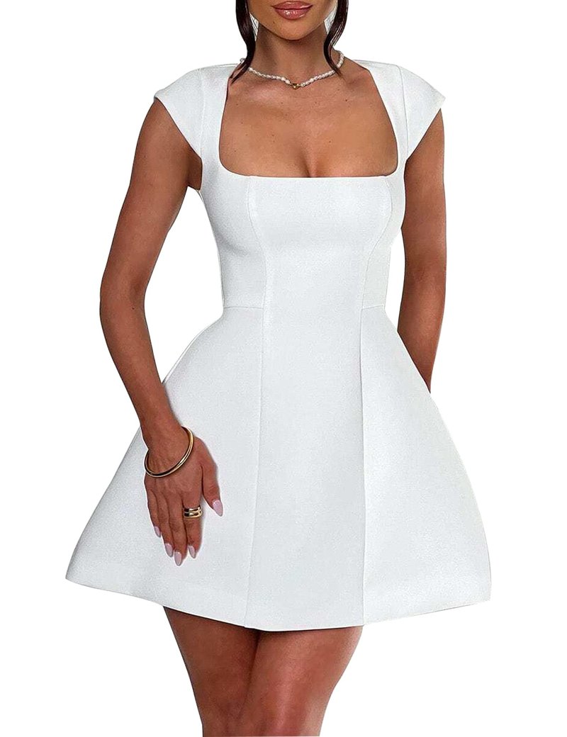LuFeng Women's Square Neck Cap Sleeve Fully Lined Mini Dress Zipper A Line Party Club Dresses