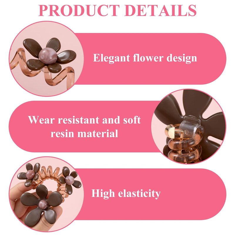 Flower Bead Spiral Hair Ties - 4PCS Floral Ponytail Holders for Women | Elegant Rubber Coils in 4 Colors
