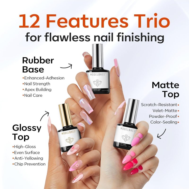 modelones Gel Nail Polish Top Base Coat Set, 3Pcs Rubber Base and Glossy Clear & Matte Gel Top Coat Chrome Proof No Wipe High Shine Nail Polish Soak Off U V LED Nail Art Home DIY Manicure Gift for Wom