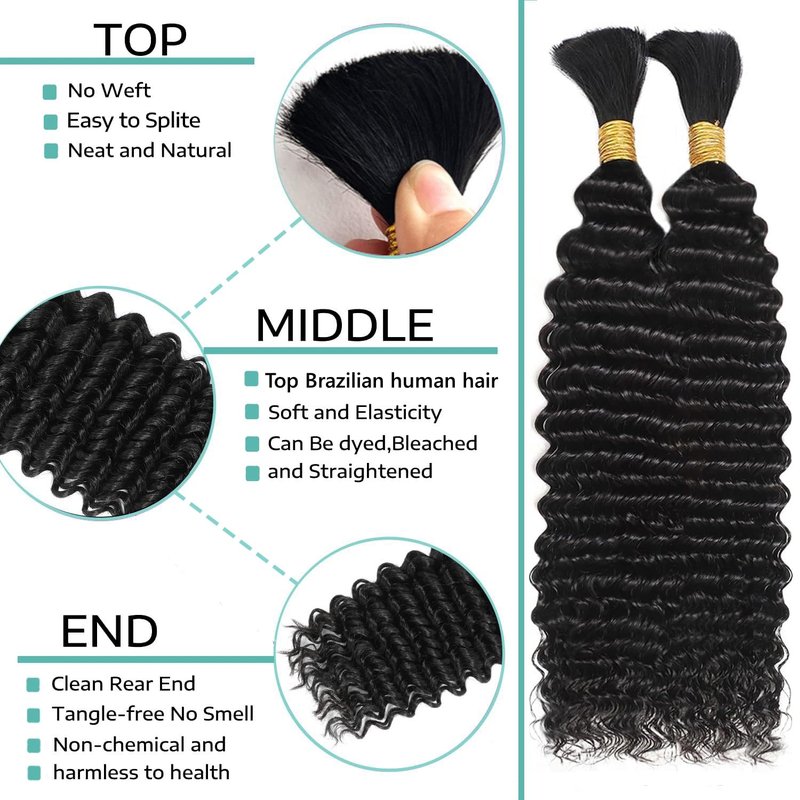 Human Braiding Hair for Boho Braids 110g 20 Inch Deep Water Wave Bulk Human Boho Hair for Braiding No Weft 12A Wet and Wavy Curly Human Hair Extensions 2 Bundles/Pack Natural Color