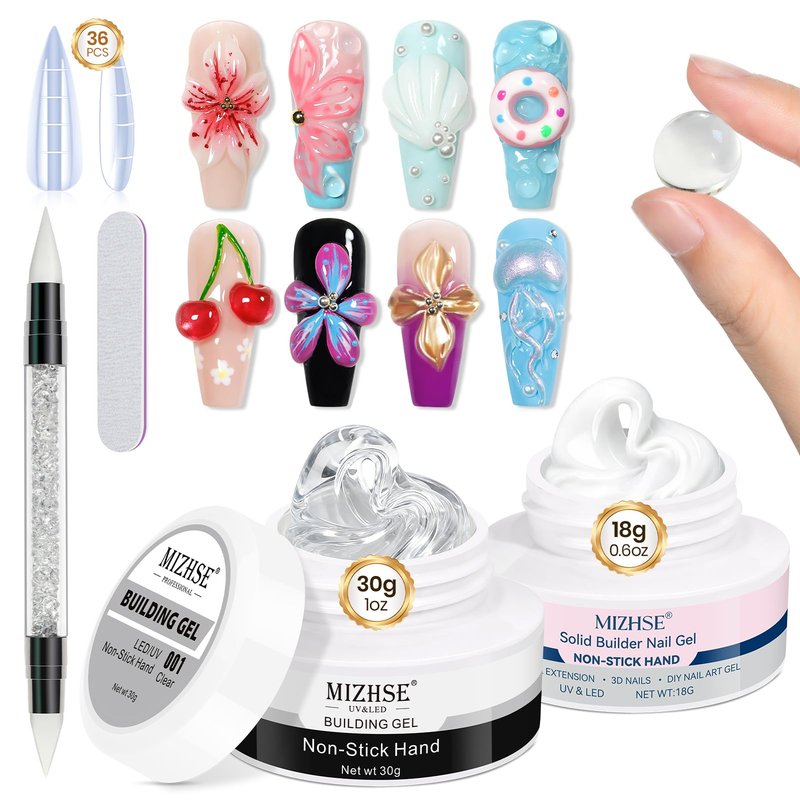 MIZHSE 3D Sculpting Gel Nail Art Kit, 2PCS Clear White Non-Sticky Molding Solid Builder Gel U V LED Hard Gels for Carving Flowers DIY Manicure 3D Nail Design Nail Extensions with Sculpture Pen