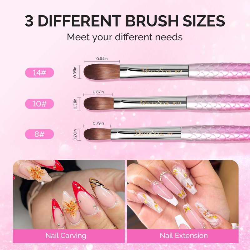 MelodySusie 3Pcs Acrylic Nail Brush Set, Size 8/10/14 with Brush Holder, Nail Art Brushes for Acrylic Application Powder Nail Extension and 3D Carving, Nail Art Tools for DIY Home Salon, Pink-Silver