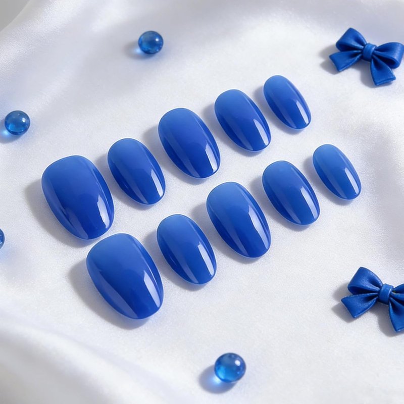 Regine Switzerland Royal Blue Press On Nails - Glossy Short Almond Full Cover 32 Pcs for Manicure