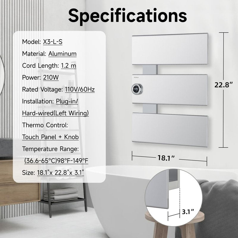 P&Dlusir Towel Warmer, Heated Towel Rack with Adjustable Temperature and Timer (1-24h, On), Fast Heating and Drying for Bathroom, Memory & Remote Control Compatible, Left-Wiring, 3-Panel, Silver