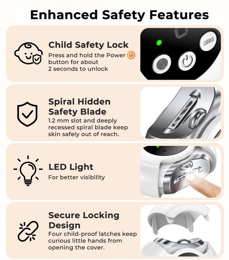 Electric Nail Clippers for All Ages, Rechargeable Safety Grinder, Pinch-Free Auto Trimmer with Debris Catcher, 3-Speeds Nail File and Polisher with LED Light, Quiet Care for Baby, Seniors and Adults