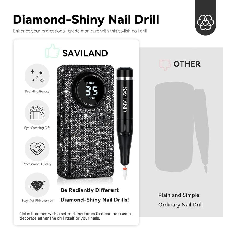 SAVILAND Electric Nail Drill - 35000RPM Portable Acrylic Nail File | Fast Removal & Long Battery Life