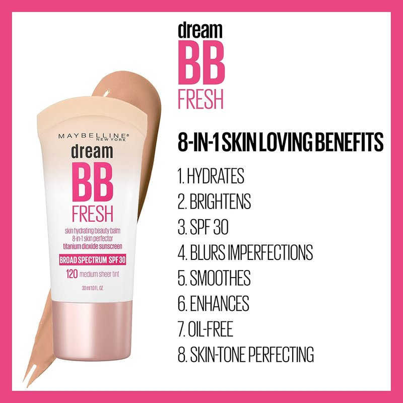 Maybelline Dream Fresh BB Cream - 8-in-1 Hydrating Beauty Balm with SPF 30 | Light/Medium, 1 Fl Oz