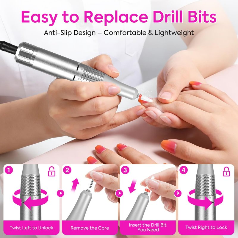 Professional Electric Nail Drill File: 45000RPM Portable Rechargeable Nail E File Machine for Acrylic Nails Gel Polishing, Cordless Efile with 7 Drill Bits, 56 Sanding Bands for Manicure Salon Home