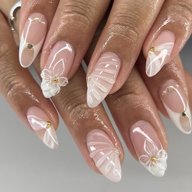 24Pcs White French Tip Press on Nails Medium Almond Fake Nails with Seashell Designs 3D Flower Acrylic Nails Gold Rhinestones Stick on Nail Summer False Nail Cute Ribbon Glue on Nails for Women