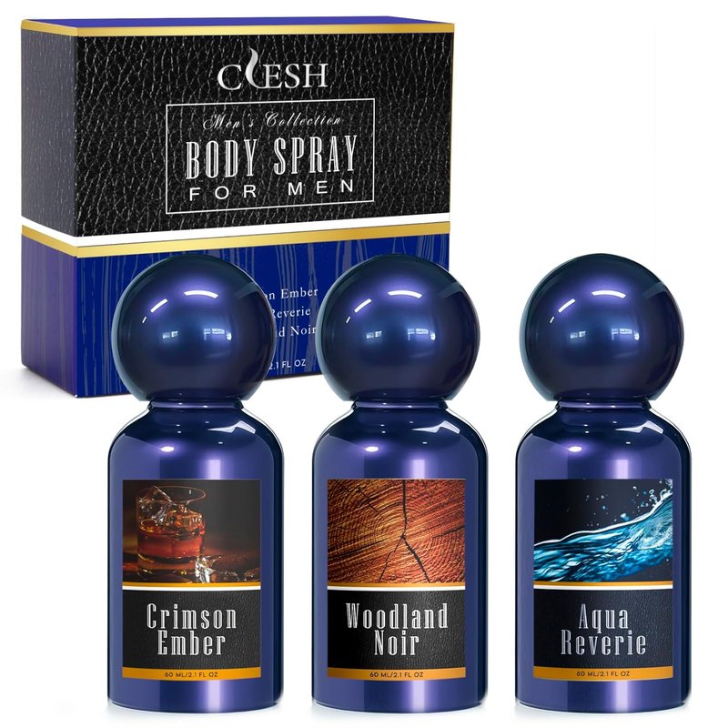 Men's Body Spray Set - Travel Size Fragrance Mist | 3 Pack, 60 ml Each - Crimson Ember, Aqua Reverie, Woodland Noir