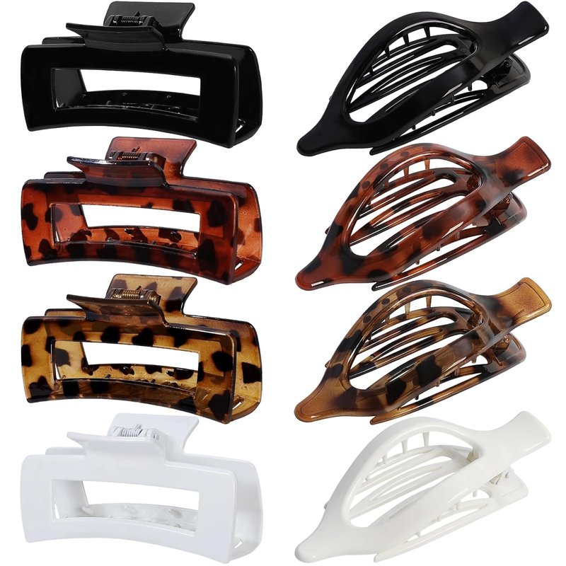 Large Hair Claw Clips for Women - 8 Pcs Square & Flat Clips for Thick or Thin Hair | Leopard Print Design