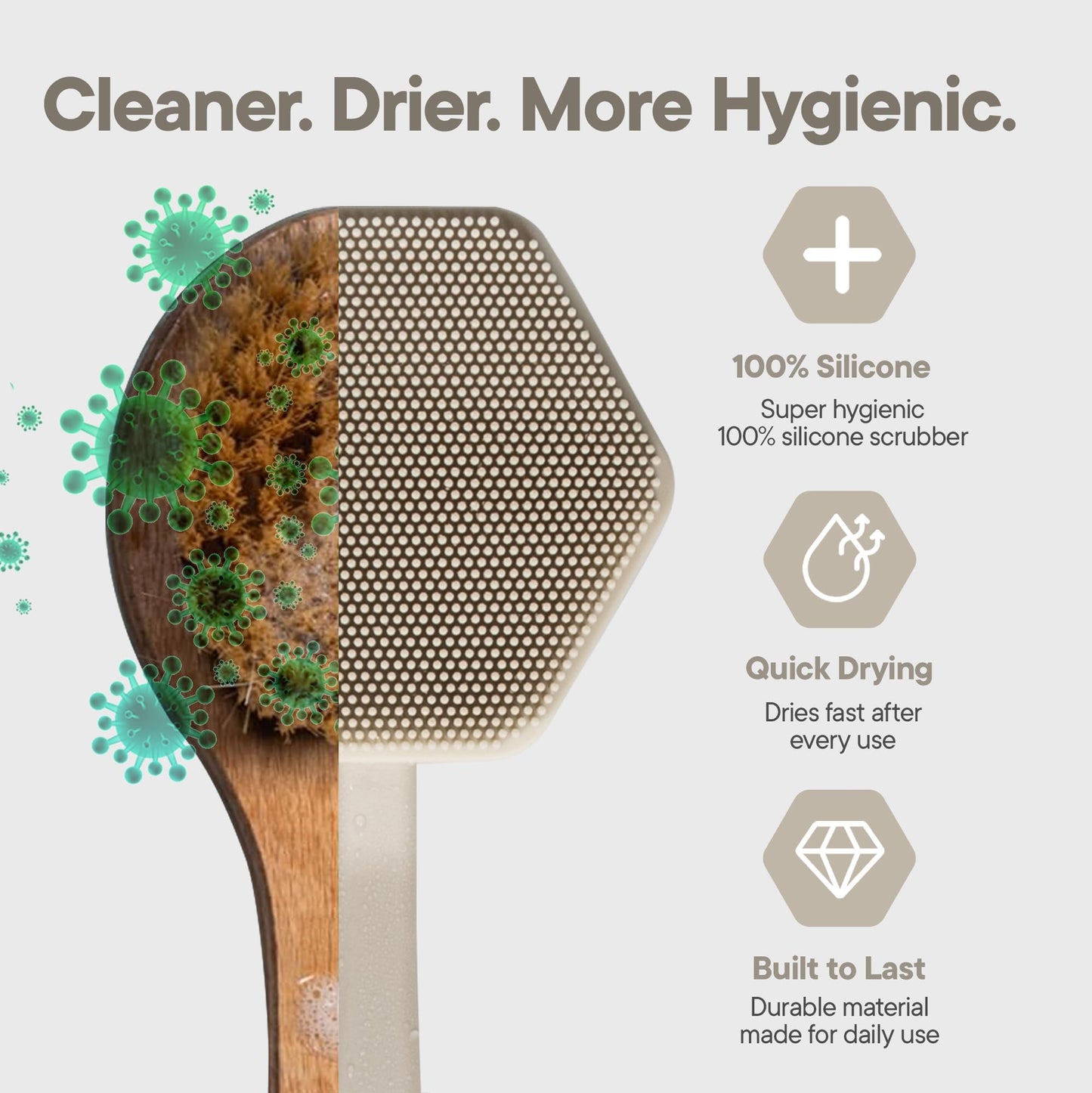 TOOLETRIES Silicone Back Scrubber for Shower Exfoliating Back Brush for Men with Long Handle, Non Slip Grip Body Washer to Clean Hard to Reach Areas, Durable Bath Accessory - Sand