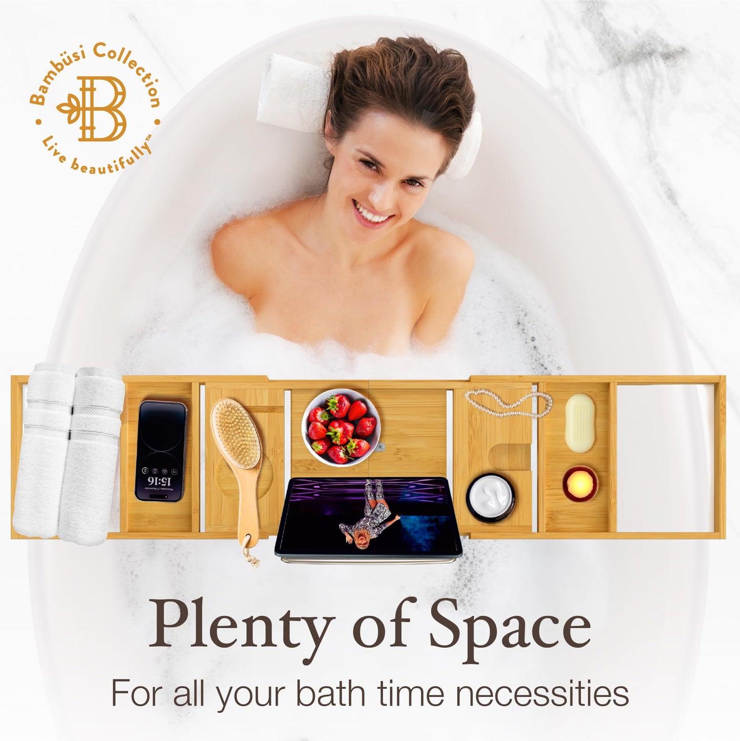 Bathtub Tray for Tub - Natural Bamboo Bath Tray, Expandable Wooden Bath Caddy Tray with Wine Holder, Book and Tablet Stand, Bathroom Accessories, Tub Table, Bridal Shower Gifts for Women
