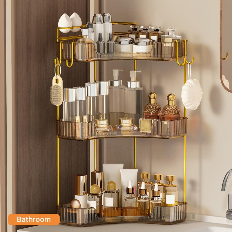Greenby 3-Tier Corner Bathroom Counter Organizer，Makeup & Skincare Shelf with Built-in Brush Holder，Space-Saving Bathroom Countertop Organizer for Skincare, Perfume, Cosmetics(Amber)