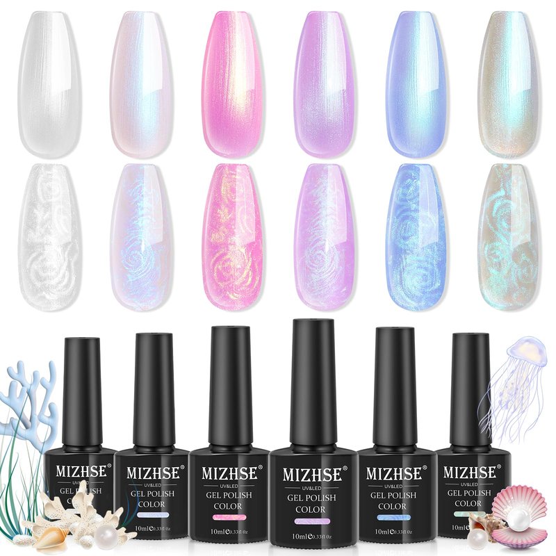 MIZHSE Pearl Gel Nail Polish, 6 Colors Iridescent Mermaid Gel Polish Set, Drawing Nail Gel Shell Thread Effect Shimmer White Pink Purple Soak Off Nail Art Manicure Home Gift for Wome