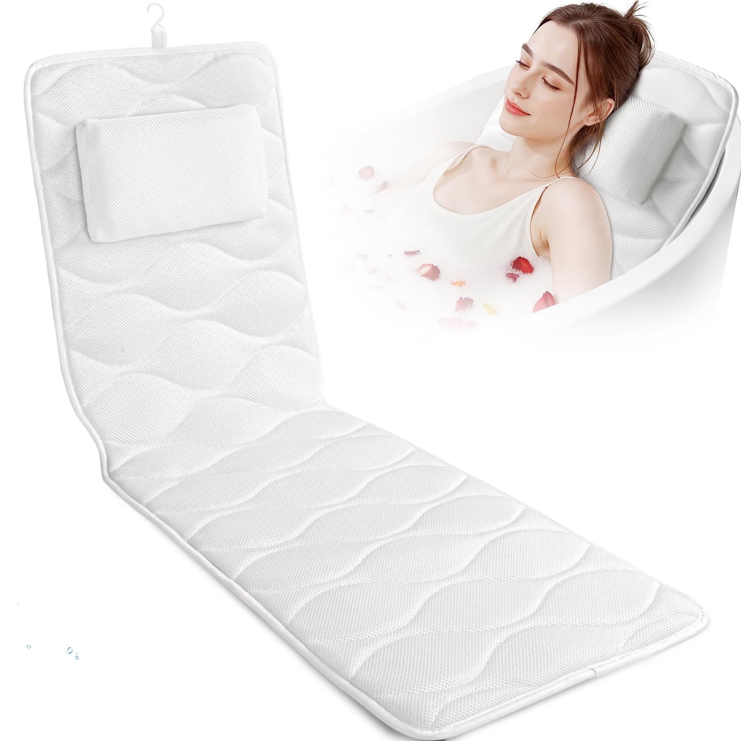 TranquilRelax Bath Pillow for Tub with Laundry Bag & 17 Non-Slip Suction Cups, Extra Thick and Soft Bathtub Pillow for Head, Neck & Shoulder Support, 56" x 16" White