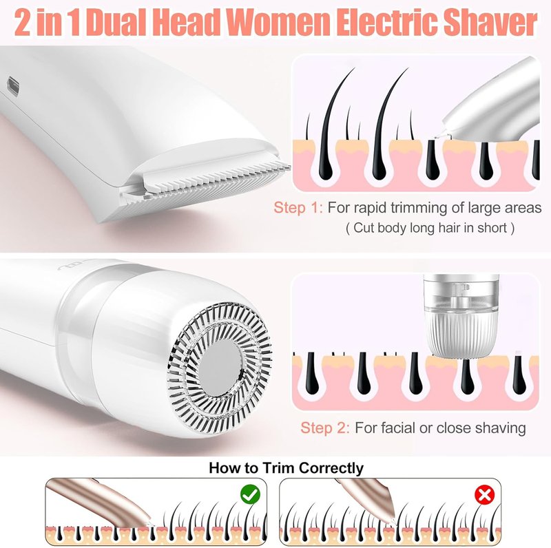Bikini Trimmer for Women - 2-in-1 Electric Shaver & Razor | IPX7 Waterproof, Rechargeable Hair Removal for Body & Face