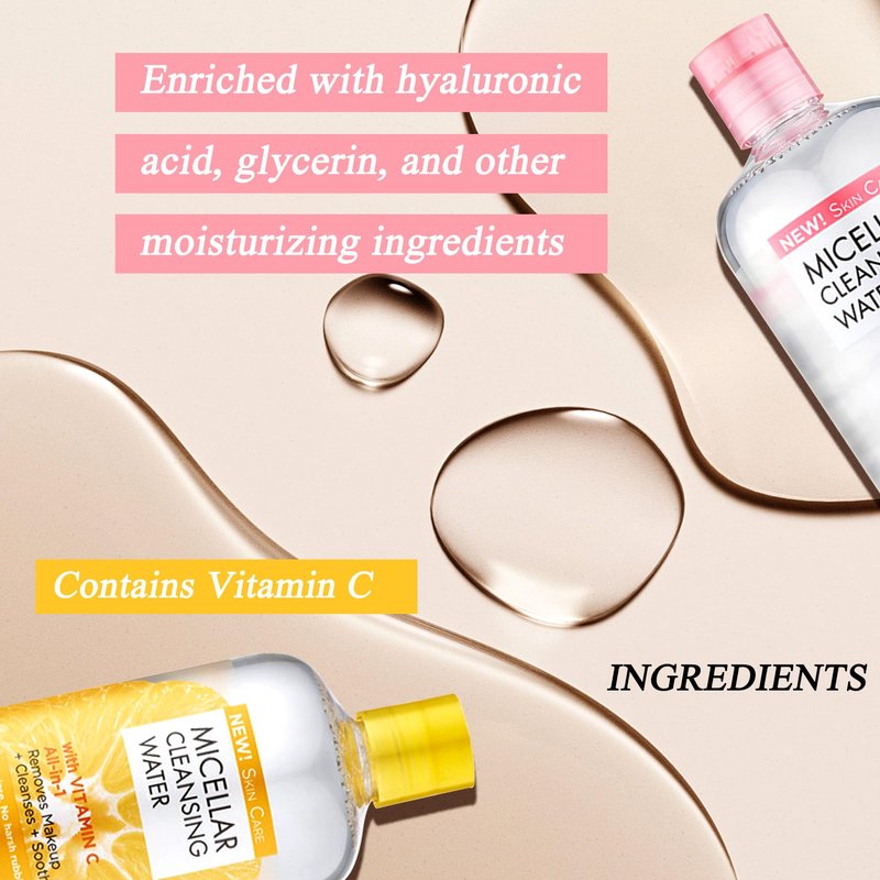 LXTTDABEN Micellar Water 500ml 2 Pack–Makeup Remover&Micellar Cleansing Water,Gentle Make Up Remover Liquid for Face,Lips&Eyes,Soothing Facial Cleanser for All Skin Types