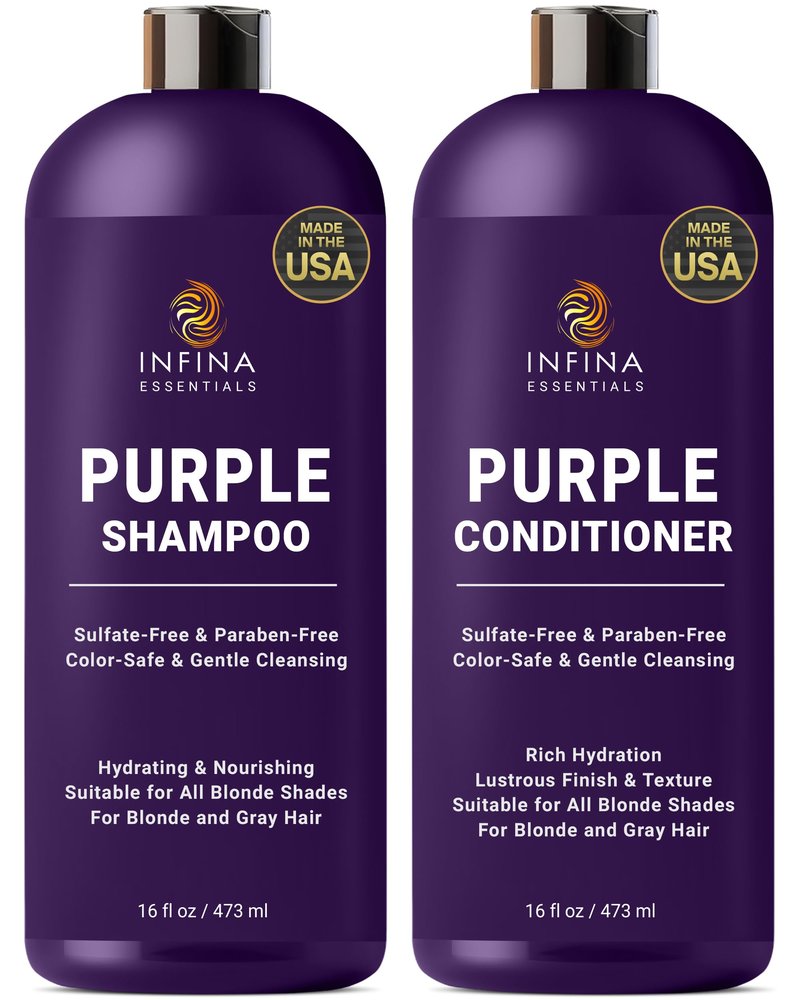 INFINA ESSENTIALS Purple Shampoo and Conditioner Set - Sulfate Free, Enriched with Coconut Oil & Aloe Vera, Ideal for Blonde, Gray, Brassy & Color Treated Hair, Nourishes & Hydrates - 16 fl oz each