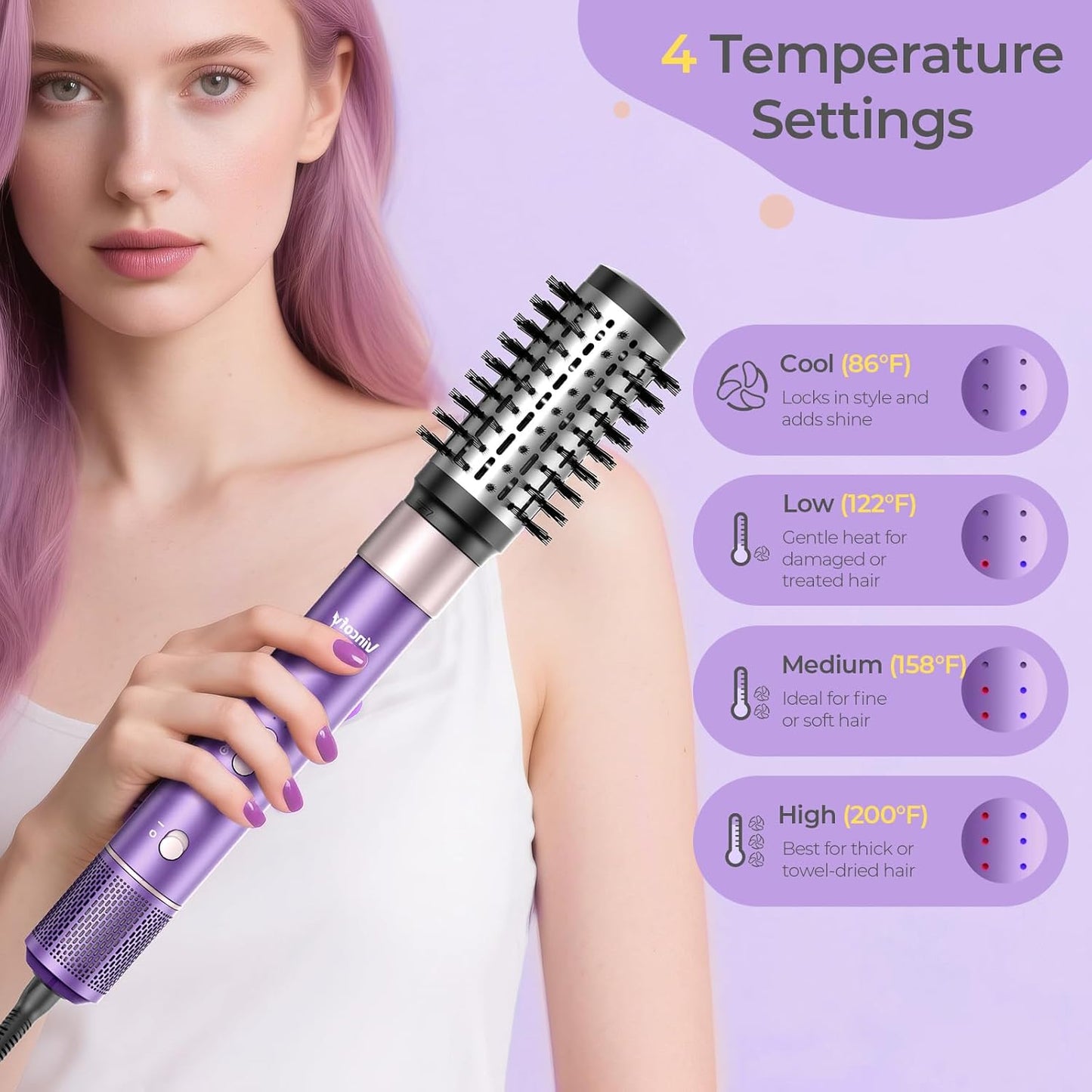 Vincofy 7-in-1 Blow Dryer Brush Set - Ionic Hot Air Styler for Fast Drying & Curling - 1500W Power in Lilac