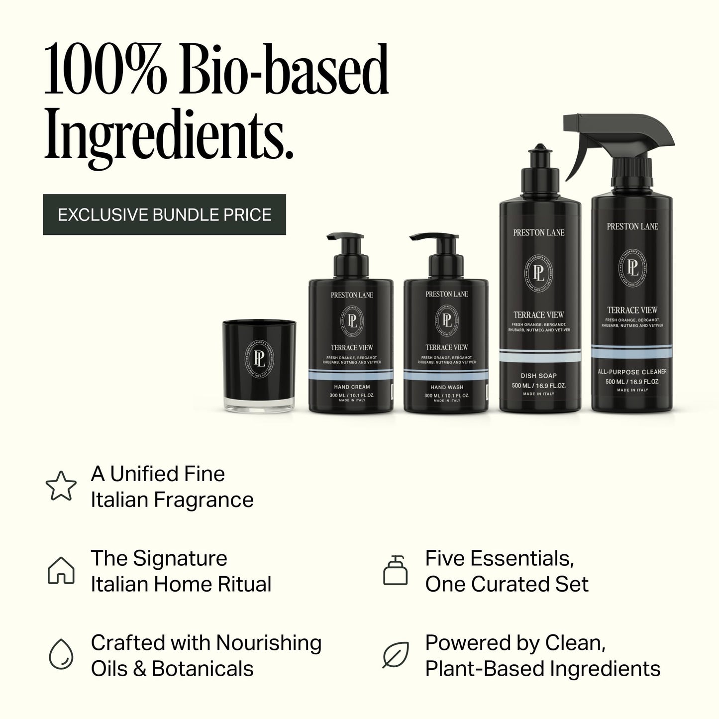 Preston Lane Signature Home Set – All Purpose Cleaner, Dish Soap, Hand Wash, Hand Cream & Scented Candle | Plant-Powered Cleaning & Care Essentials with Fine Italian Fragrance, Terrace View