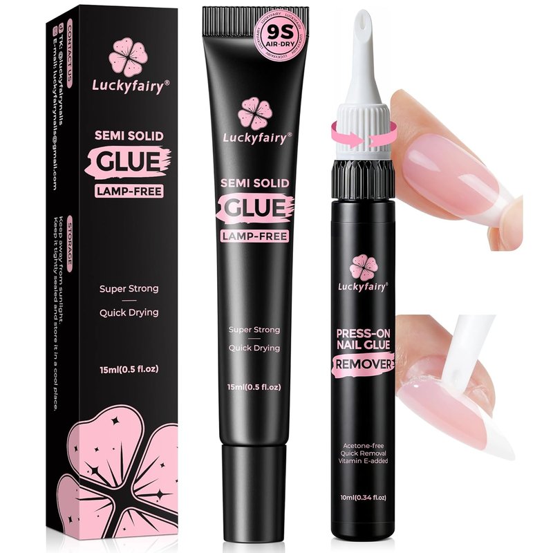 Luckyfairy Nail Glue for Press-Ons - Quick Dry, Super Strong, Non-Acetone Remover | 15g Glue, 10ml Remover
