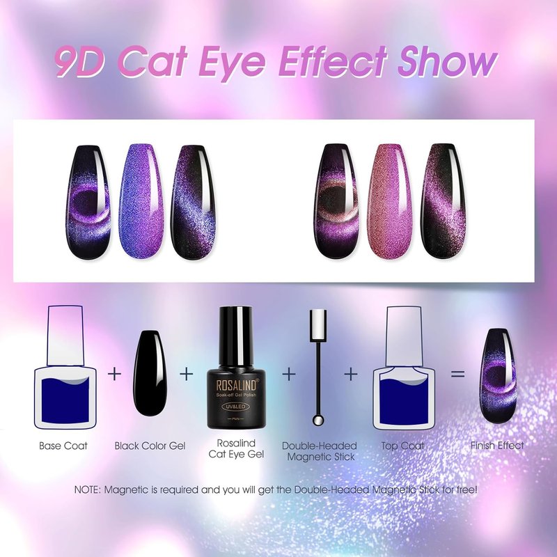 ROSALIND Holographic Cat Eye Gel Nail Polish Set - 8 Colors for Stunning Galaxy Nail Art