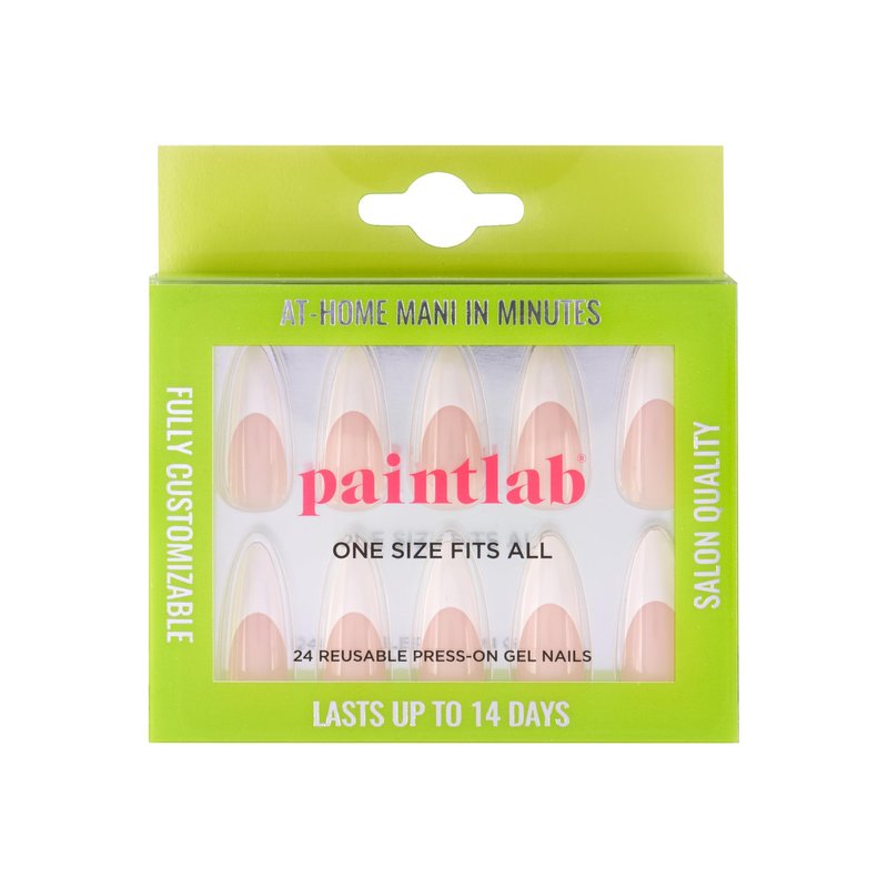 PaintLab Press On Nails - French Tip Stiletto Fake Nails, 30 Nails in 15 Sizes with Glue, Reusable Salon Quality Press On Nails