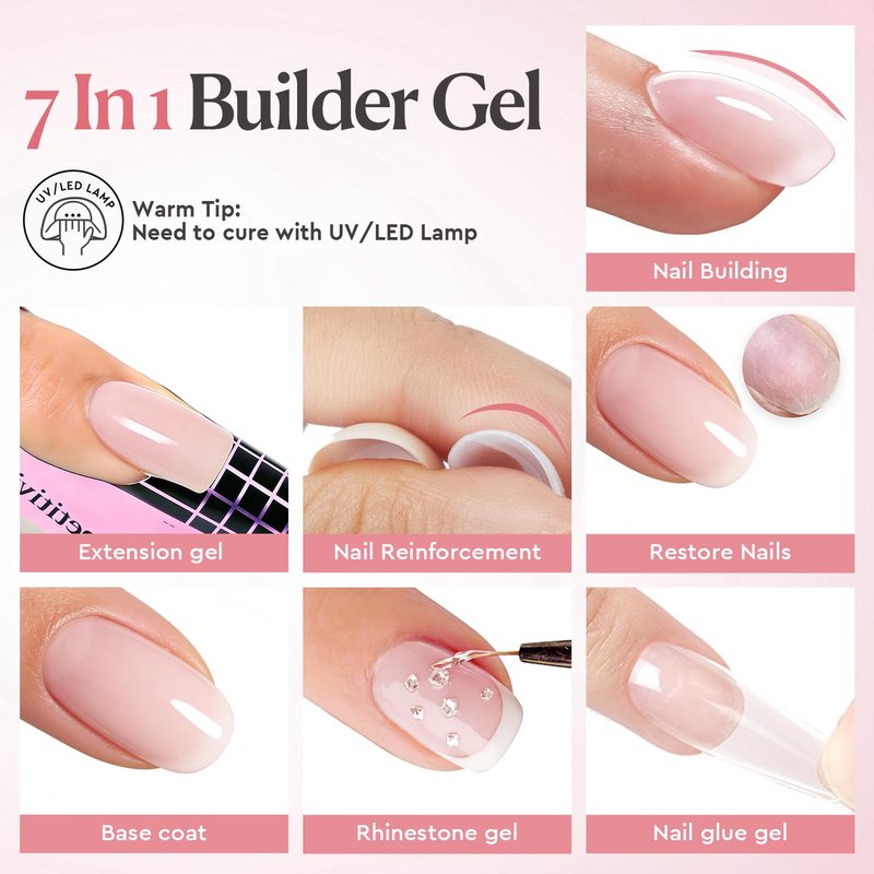 AzureBeauty Builder Gel for Nails, 18ml 7-in-1 Nude Pink Builder Gel,Beginner Friendly, 30-Day Nail Strengthener Extension Glue, For Home Salon DIY & Gifts