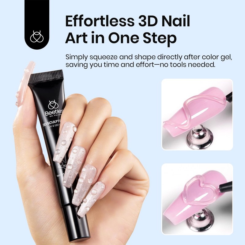 Beetles 3D Gel Nail Art, 1Pcs 15ml Sculpting Gel 3 in 1 Clear No Wipe Nail Polish Rhinestone Art Glue for Nail Gems Diamond Jewelry U V LED Lamp Needed DIY Home Salon Nails Gifts for Women