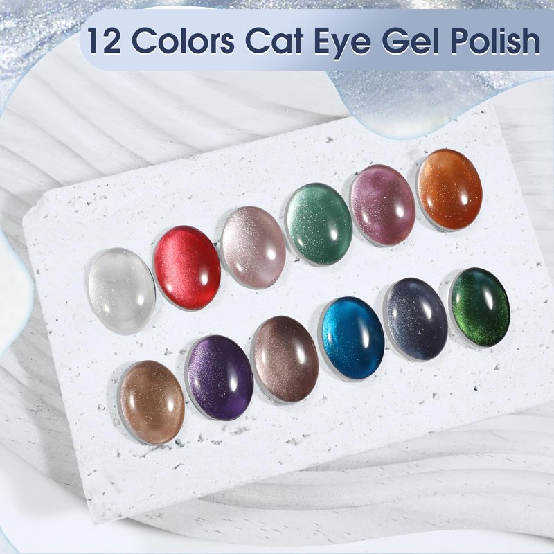 ROSALIND Cat Eye Gel Nail Polish - 12 Colors Cateye Gel Polish with Magnet Stick Sparkle Diamond Effect Soak Off UV Set Magic Magnetic Glitter Nail Art Collection Manicure Gift for Women