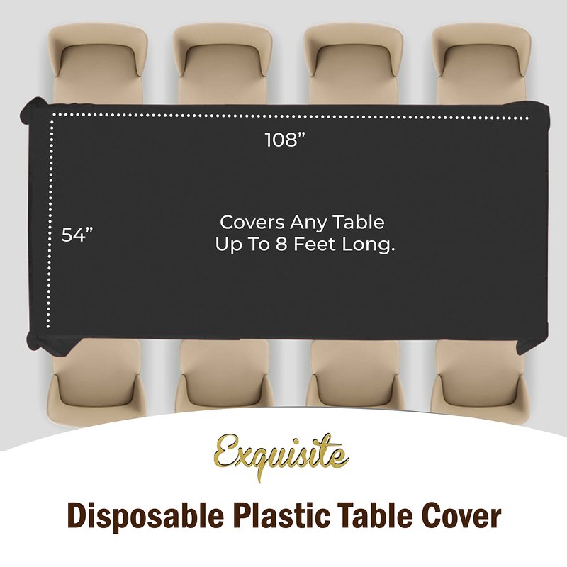 Black Plastic Tablecloth 12 Pack 54" x 108" Disposable Rectangle Table Cover for 6 to 8 Foot, Waterproof & Sturdy, for Party, Wedding, Birthday, Picnic, Indoor Outdoor - Exquisite, Black
