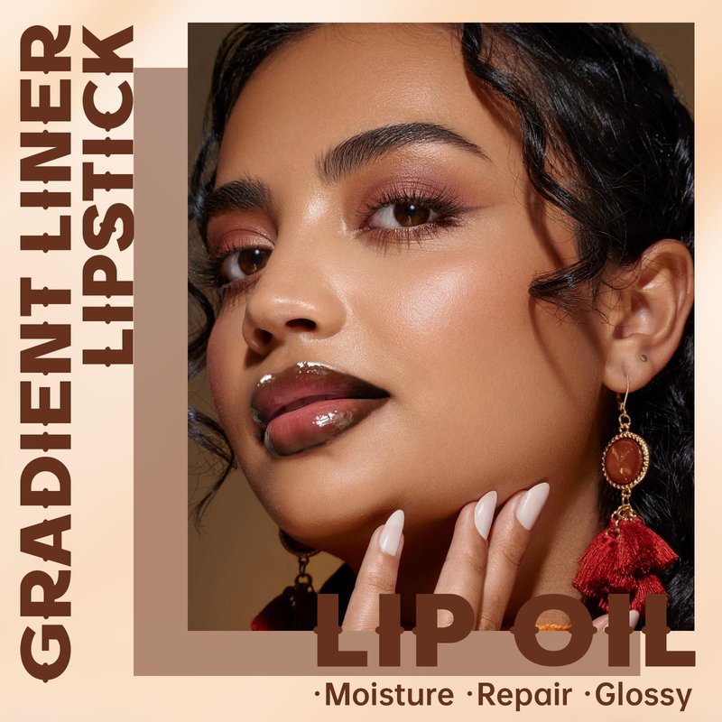 HOSAILY Lip Liner Gloss Set, Dark Brown Plumping Lip Liner Lip Pencil Moisturizing Lightweight Lip Gloss Lip Combo, High Shine Glossy Lip Tint Lip Stain Makeup Long Lasting Lip Contour for Women