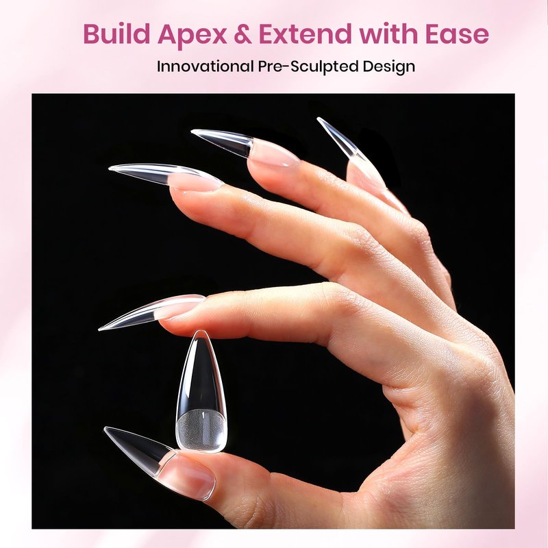 Beetles Tipex Lite Pre-Built Instant Apex Nail Tips, Stiletto Long, 256pcs Value Pack, 16 Sizes | 00-14, Flat-Nail Friendly Acrylic Tips for Natural Nail Beds, Easy for Beginner DIY