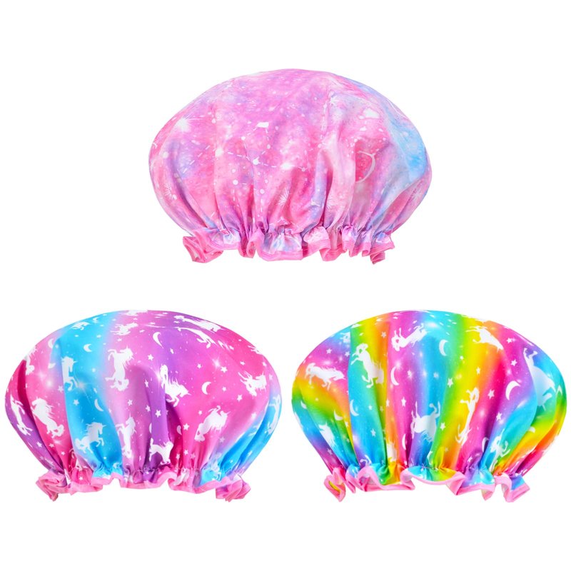 Olypegic Kids Shower Cap, 3 Pcs Girls Shower Cap for Kids Reusable Waterproof Adjustable Large Hair Cap Unicorn Mermaid Rainbow Cute Hair Cover Hat