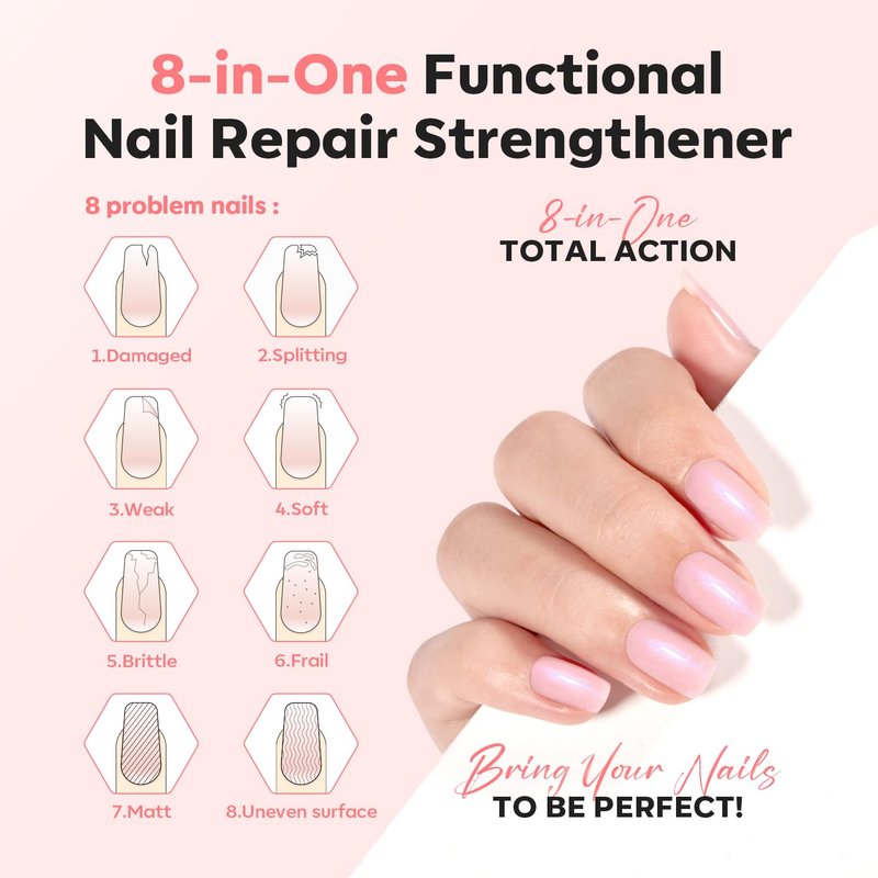 modelones Nail Strengthener, Sparkle Pink Nail Polish Nail Repair for Damaged Nails Hardener Air Dry Nail Growth Polish Natural Nail Concealer Foundation Gifts for Women 15ml