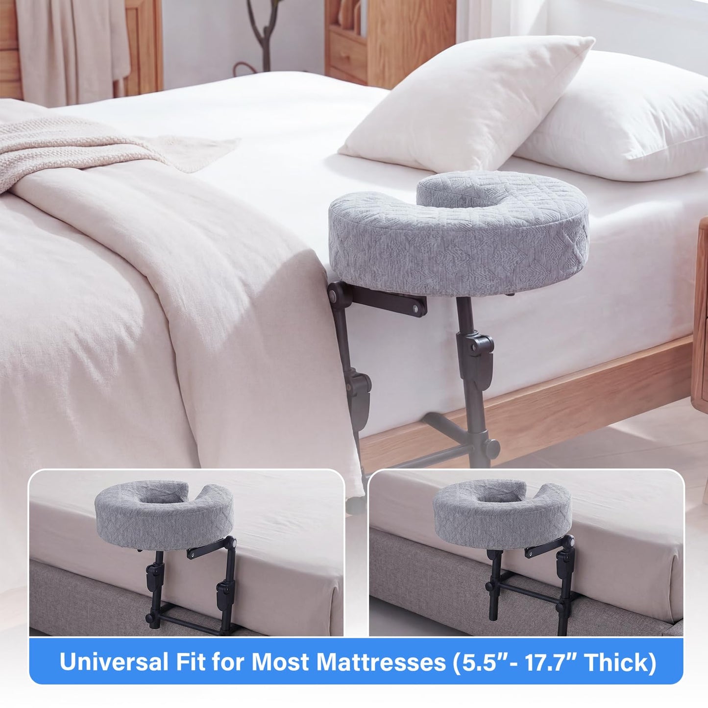 TIMBERHIDE Portable Massage Headrest for Bed, Easy-Install Adjustable Face Cradle with Memory Foam for Couples, Home Spa & Recovery, Fits 6-17” Mattress, Grey