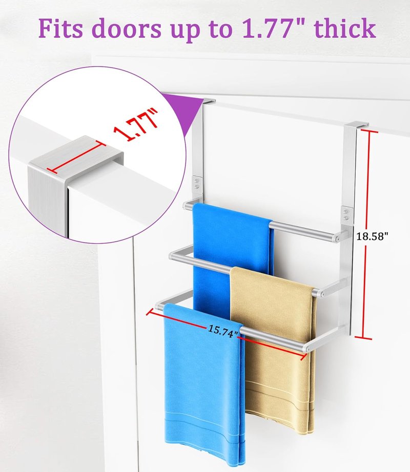 Over The Door Towel Rack - 16-Inch Stainless Steel Towel Holder | 3-Tier Brushed Nickel Design for Bathroom Storage