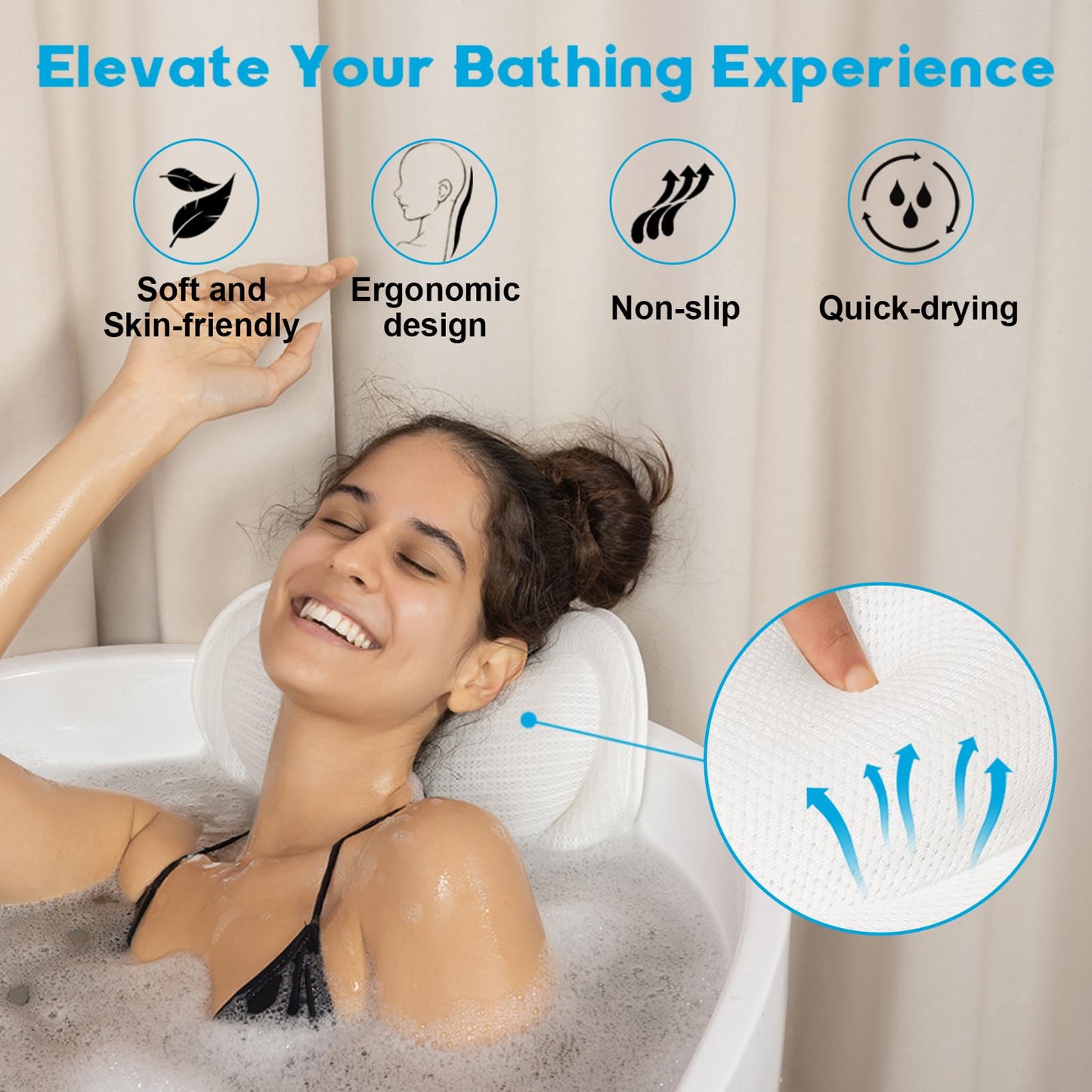 JUSDOO Bath Pillows for Tub Neck and Back Support - Upgraded Non-Slip Rubber Backing & 6 Suction Cups, 4D Air Mesh Spa Bathtub Cushion for Head Rest, Machine Washable with Laundry Bag & Hook(White)