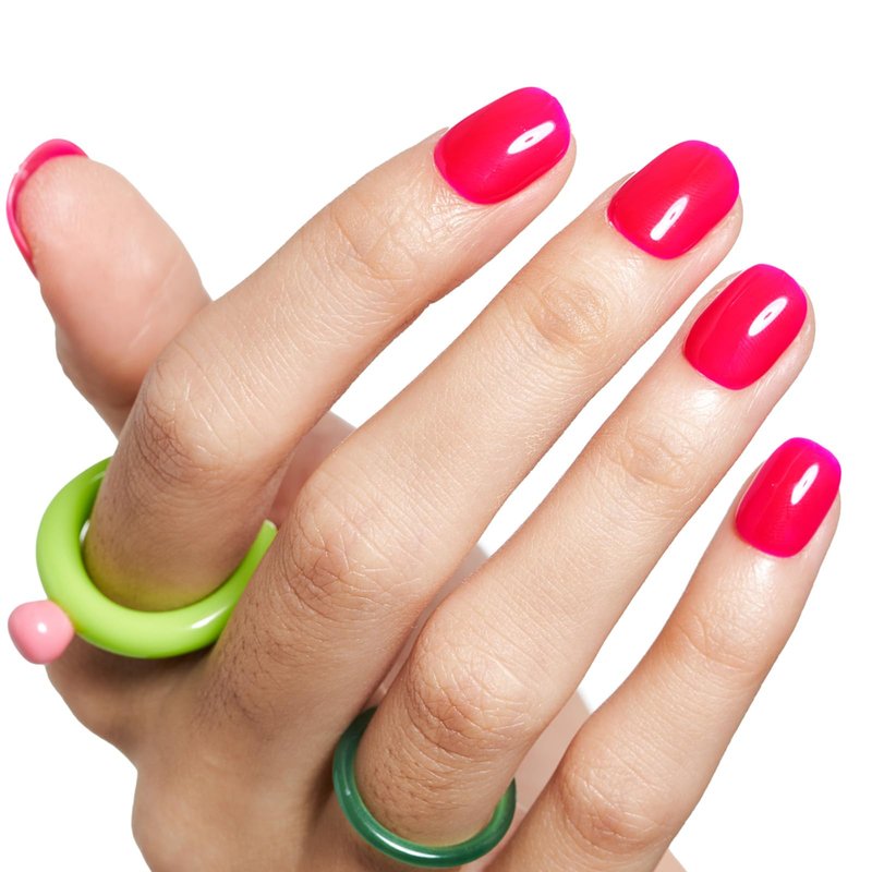 GLAMERMAID Extra Short Press on Nails 24PCS, Bright Hot Pink Jelly Fall Gel Glue on Nails, Glossy Round Reusable UV Finish Fake Nails Acrylic False Nails Manicure Kits for Women