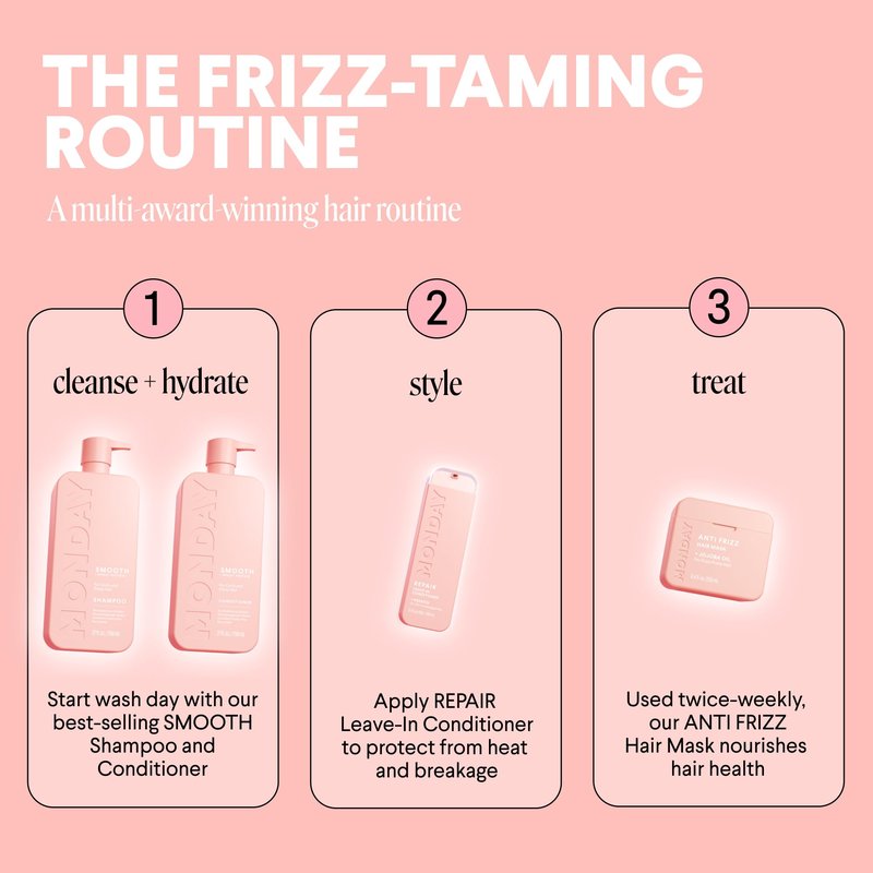 MONDAY HAIRCARE Smooth Shampoo + Conditioner Bathroom Set (2 Count) 27 oz Each For Frizzy, Coarse & Curly Hair Made with Coconut Oil, Shea Butter & Vitamin E 100% Recyclable Bottle Pink