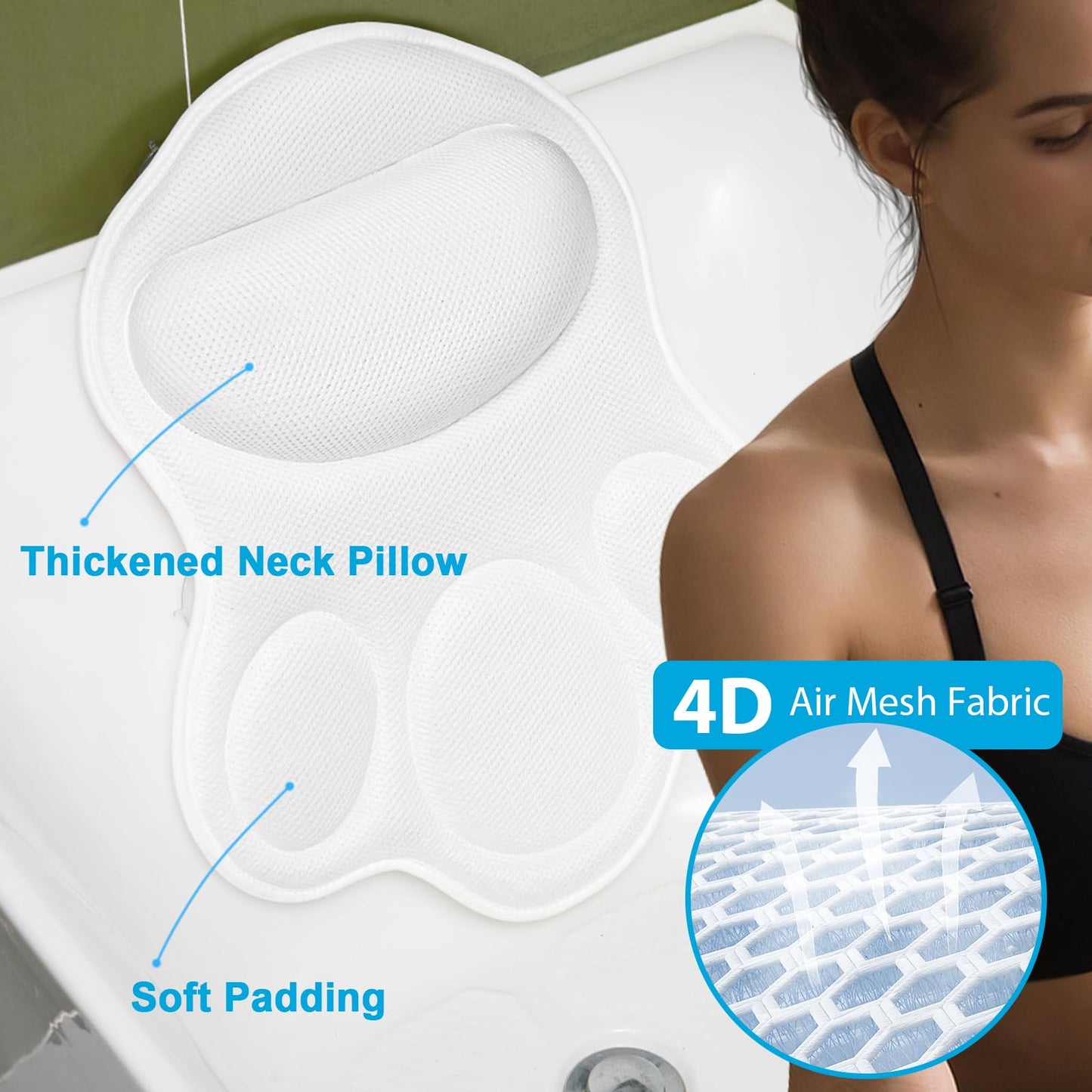 JUSDOO Bath Pillows for Tub Neck and Back Support - Upgraded Non-Slip Rubber Backing & 6 Suction Cups, 4D Air Mesh Spa Bathtub Cushion for Head Rest, Machine Washable with Laundry Bag & Hook(White)