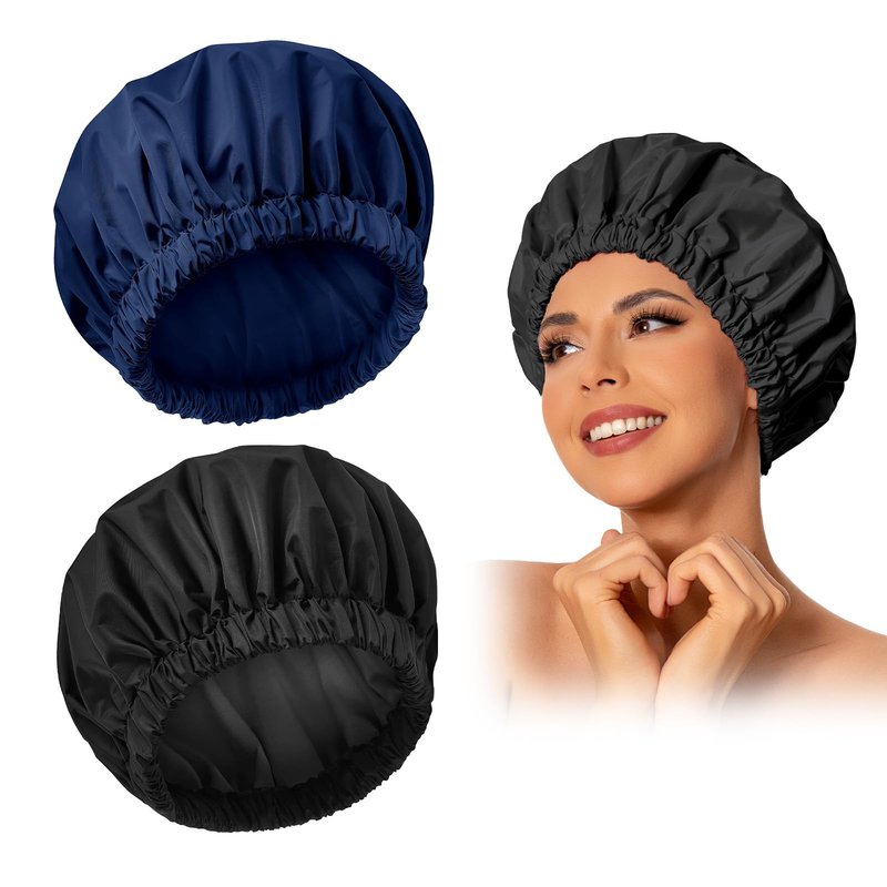 Reusable Shower Cap for Women, Large Waterproof Shower Bonnet with Elastic Band, Washable Bath Hair Cap for Long, Curly Hair, Braids, Daily Shower, Home Spa, Travel(Black&Navy)
