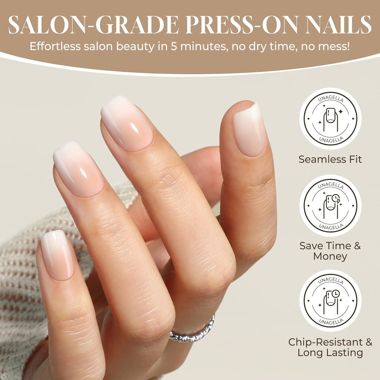 UNA GELLA Press On Nails - Ombre Soft Gel Short Square Kit with Adhesive Tabs & Nail File | 32 Reusable Fake Nails in Nude Cream