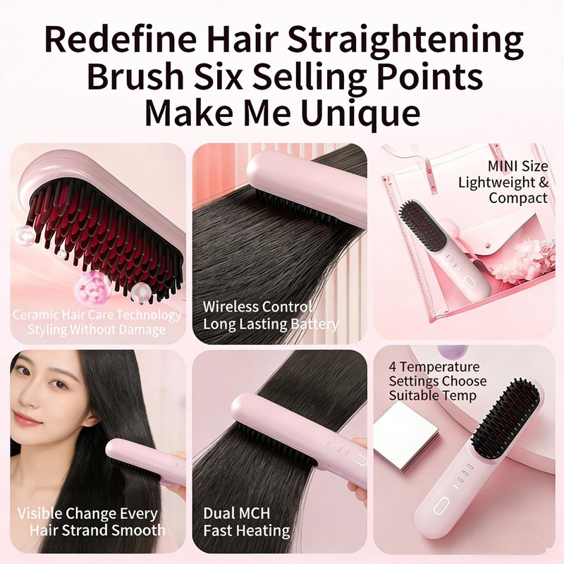 Hounyoln Go Pro Hair Brush for Hair, 4000mAh Cordless NumoyaGo Brush Pro, 30s Rapid Heating, 4 Temp Settings (140-200°C) Hair Straightener Brush (Beige)