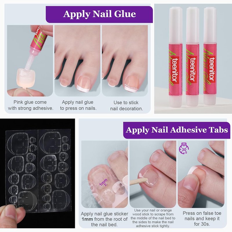 Press On Toenails for Women - 240 Pcs French Tip Set with Nail Glue | 15 Sizes Available