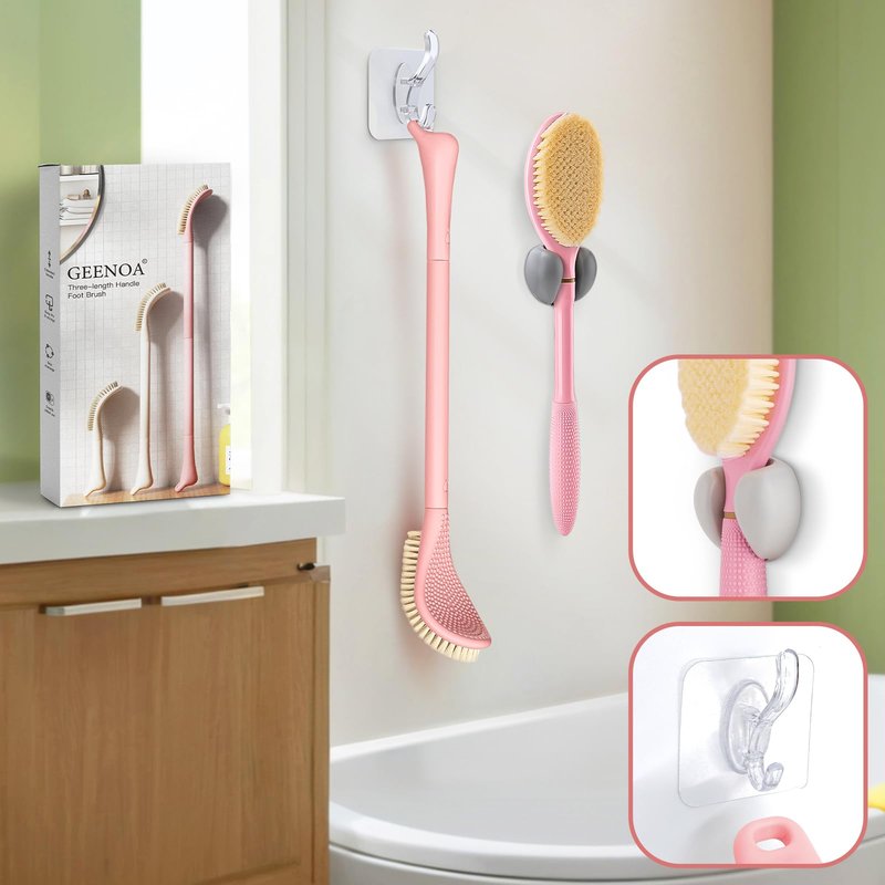 GEENOA Foot Brush & Back Scrubber Set, 27.5'' Adjustable Foot Scrubber for Shower, 18.9'' Shower Back Scrubber with 3-Length Usage, Great Aid for People with Limited Mobility(Pink Set)